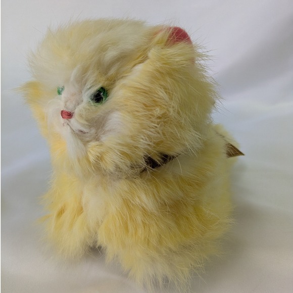 Vintage Yellow Kitten Plush Real Fur Jerry Eisner ?  Green Eyes Pink Ears - Picture 6 of 16